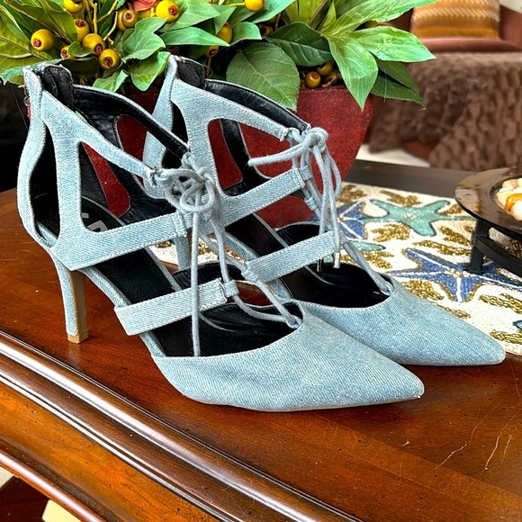 G By Guess Blue Denim Jean Lace Up Heels Y2K Strappy Back Zipper Closure - Picture 2 of 14